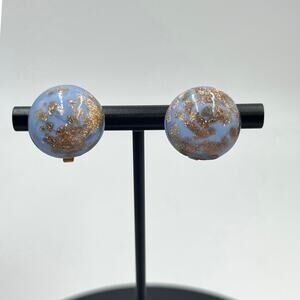 Vintage Italian Murano Glass Italy Blue and Gold Button Bubble Clip On Earrings